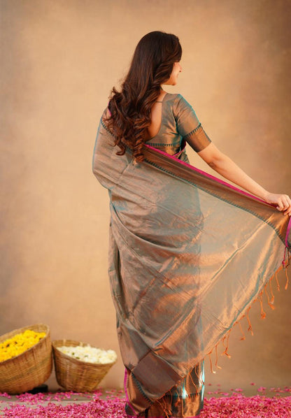 GREY TISSUE SILK SAREE WITH COPPER BROWN ZARI BORDER AND VIBRANT PINK PIPING