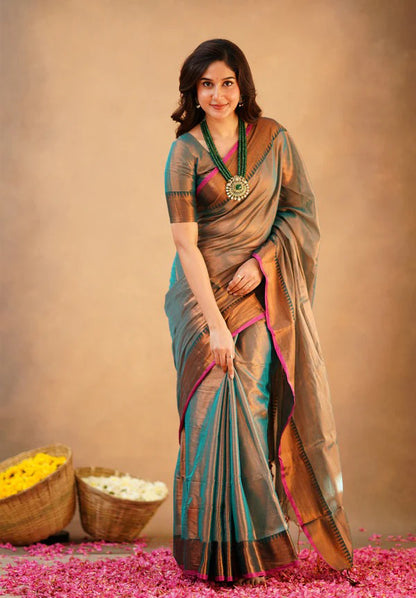 GREY TISSUE SILK SAREE WITH COPPER BROWN ZARI BORDER AND VIBRANT PINK PIPING
