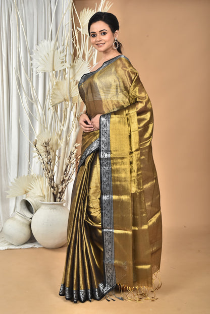 GOLD TISSUE SILK SAREE WITH CONTRASTING SILVER ZARI BORDER