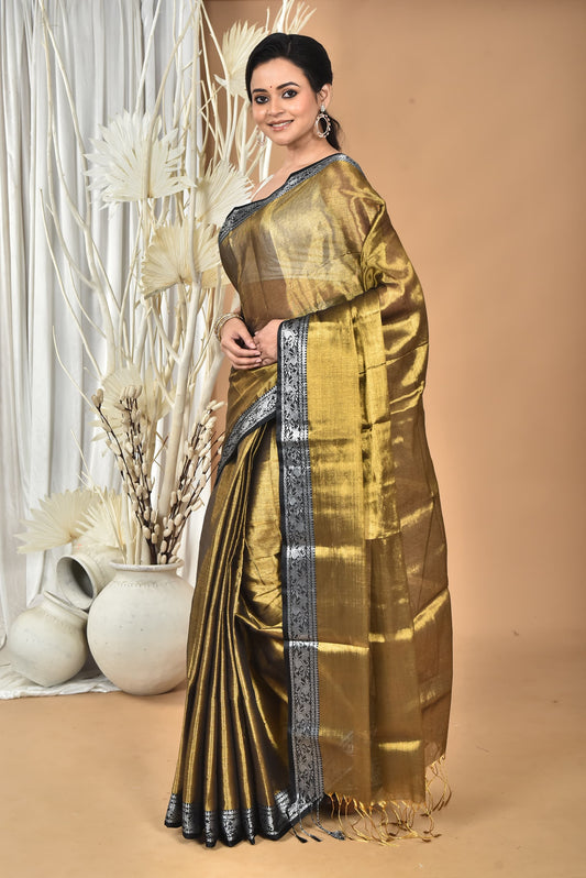 GOLD TISSUE SILK SAREE WITH CONTRASTING SILVER ZARI BORDER