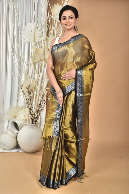 GOLD TISSUE SILK SAREE WITH CONTRASTING SILVER ZARI BORDER