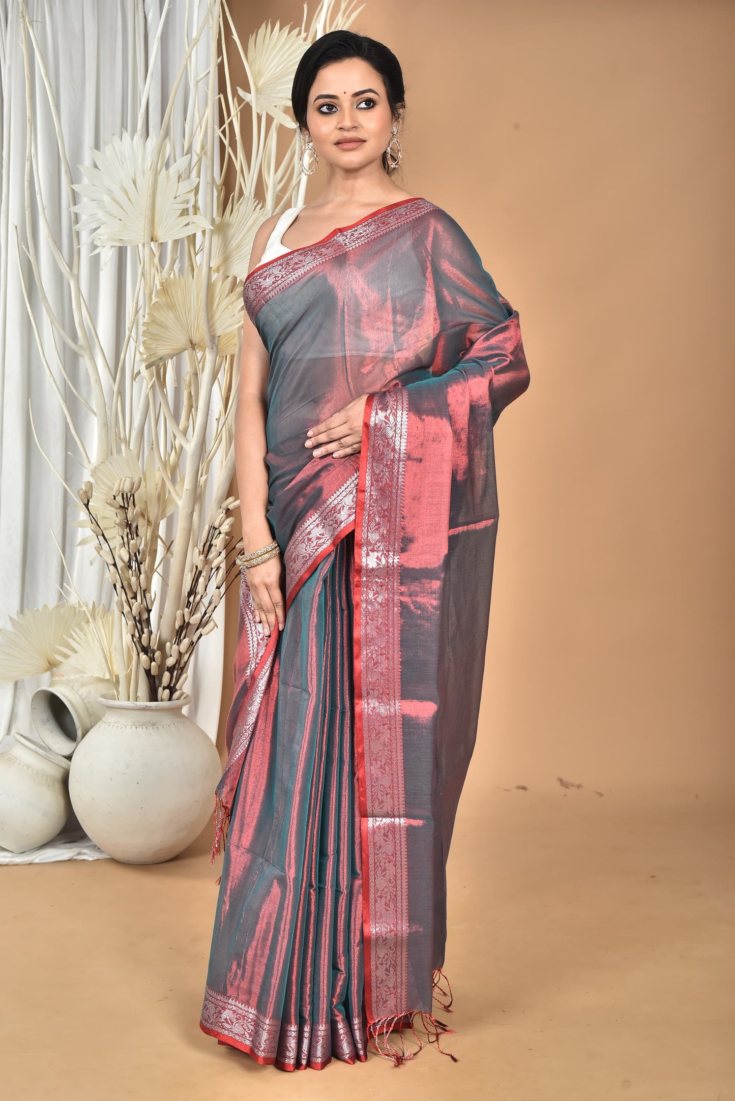 GREY AND RED TISSUE SILK SAREE WITH CONTRASTING SILVER ZARI BORDER