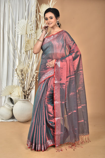 GREY AND RED TISSUE SILK SAREE WITH CONTRASTING SILVER ZARI BORDER