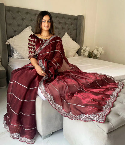 JIMMY CHOO SAREE IN MAROON COLOR WITH SEQUIN EMBROIDERY  Including Ready To Wear Blouse