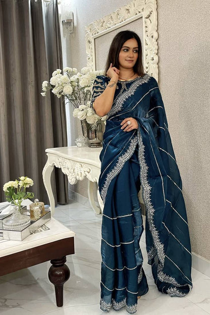 JIMMY CHOO SAREE IN BLUE COLOR WITH SEQUIN EMBROIDERY Including Ready To Wear Blouse