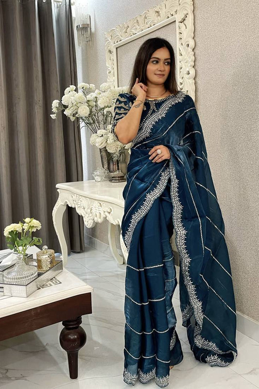 JIMMY CHOO SAREE IN BLUE COLOR WITH SEQUIN EMBROIDERY Including Ready To Wear Blouse