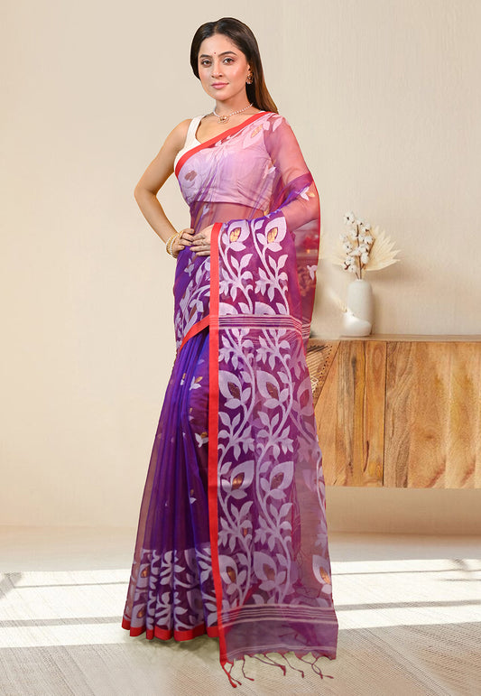 PURE HANDWOVEN MUSLIN SILK SAREE IN PURPLE COLOR WITH OFFWHITE FLORAL MOTIFS AND RED BORDER