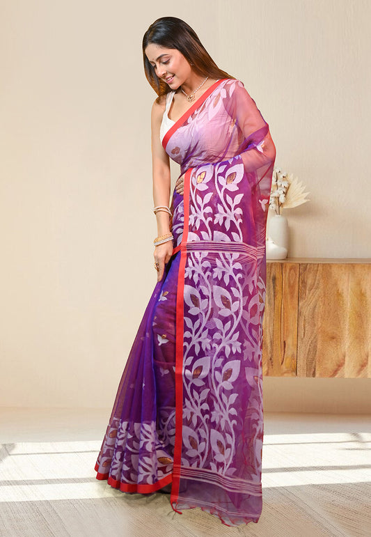 PURE HANDWOVEN MUSLIN SILK SAREE IN PURPLE COLOR WITH OFFWHITE FLORAL MOTIFS AND RED BORDER