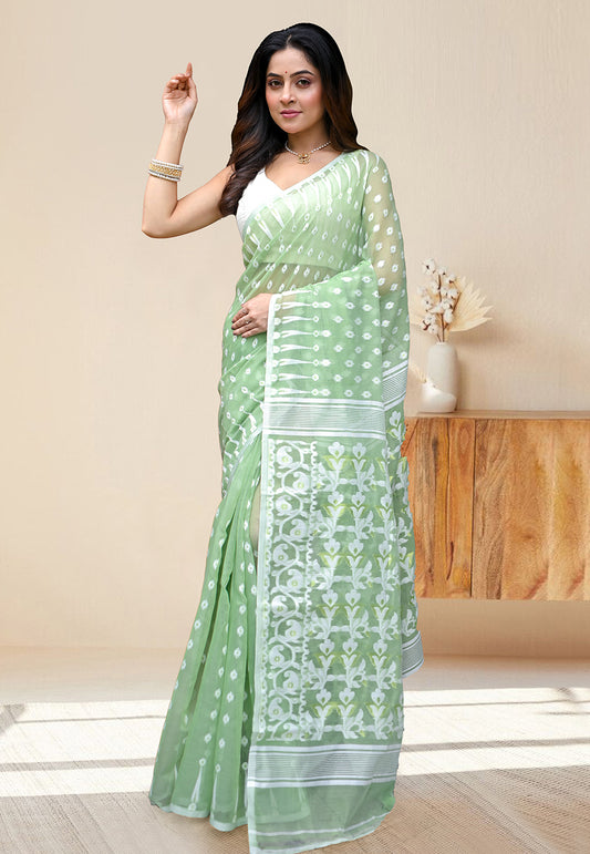 COTTON JAMDANI SAREE IN OLIVE GREEN COLORS WITH OFFWHITE WOVEN DESIGN