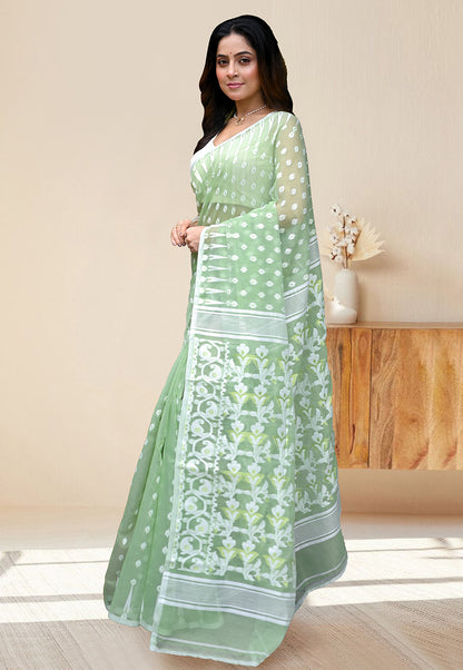 COTTON JAMDANI SAREE IN OLIVE GREEN COLORS WITH OFFWHITE WOVEN DESIGN