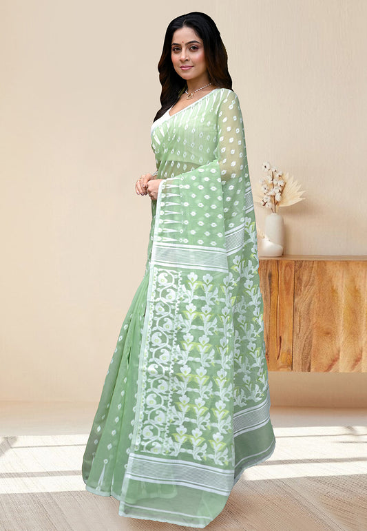 COTTON JAMDANI SAREE IN OLIVE GREEN COLORS WITH OFFWHITE WOVEN DESIGN