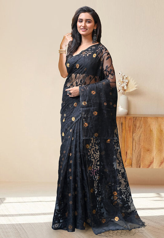 PURE HANDWOVEN MUSLIN SILK IN BLACK COLOR  WITH SELF LEAF WOVEN MOTIFS AND GOLDEN FLOWER BUTIS