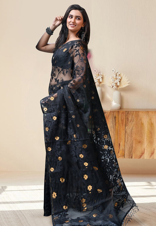 PURE HANDWOVEN MUSLIN SILK IN BLACK COLOR  WITH SELF LEAF WOVEN MOTIFS AND GOLDEN FLOWER BUTIS