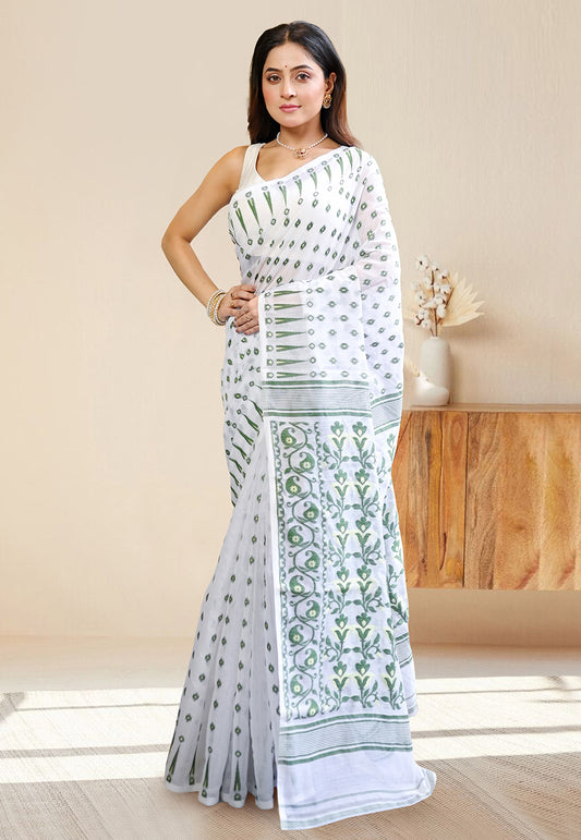 COTTON JAMDANI SAREE IN WHITE COLORS WITH GREEN WOVEN DESIGN AND GOLDEN ZARI BOOTI