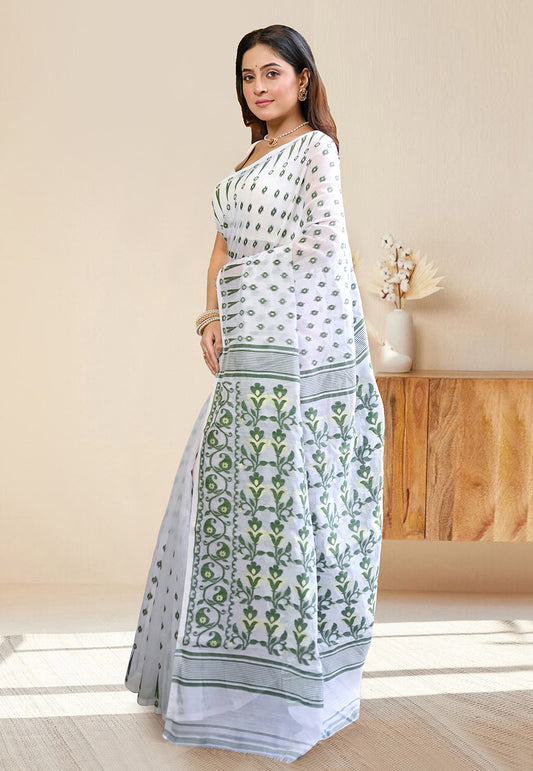 COTTON JAMDANI SAREE IN WHITE COLORS WITH GREEN WOVEN DESIGN AND GOLDEN ZARI BOOTI