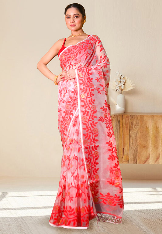 PURE HANDWOVEN MUSLIN SILK IN OFFWHITE COLOR  WITH RED LEAF WOVEN MOTIFS AND GOLDEN FLOWER BUTIS