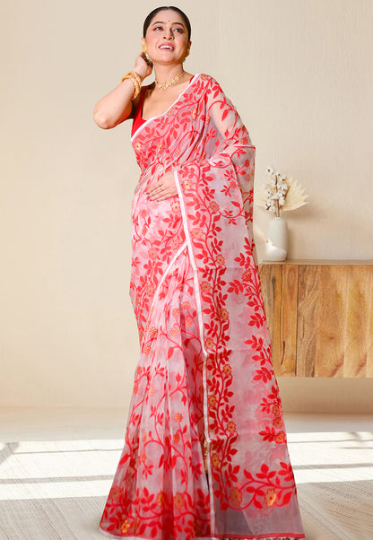 PURE HANDWOVEN MUSLIN SILK IN OFFWHITE COLOR  WITH RED LEAF WOVEN MOTIFS AND GOLDEN FLOWER BUTIS