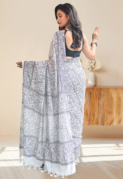 OFFWHITE COTTON LINEN SAREE WITH BLACK WARLI ART