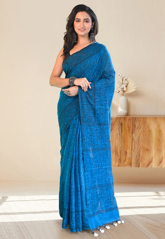 CERULEAN BLUE COTTON LINEN SAREE WITH BLACK WARLI ART