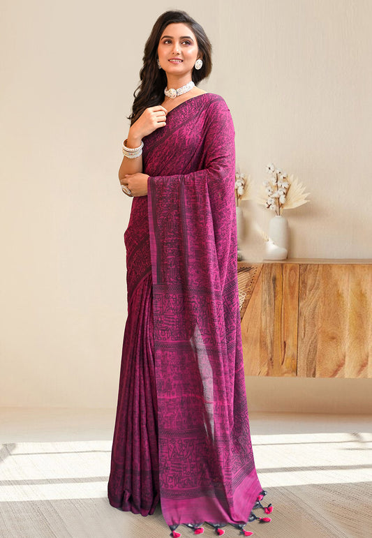 MAGENTA COTTON LINEN SAREE WITH BLACK WARLI ART
