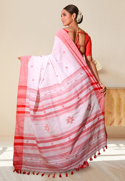 WHITE AND RED PURE HANDLOOM COTTON SAREE WITH RED BORDER AND STRIPE