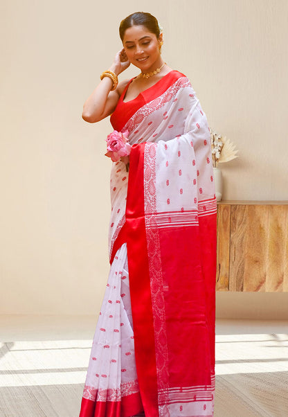 OFFWHITE HANDLOOM COTTON SAREE WITH RED VELVET BORDER AND PALLU