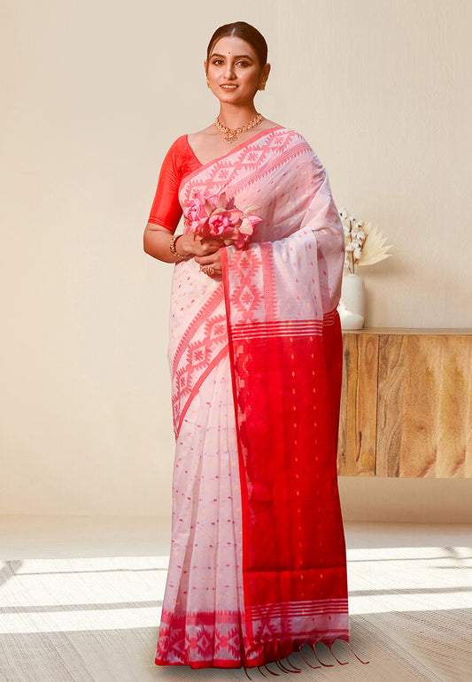 WHITE AND RED PURE HANDLOOM COTTON SAREE WITH HANDWOVEN GEOMETRIC RED BORDER AND PALLU