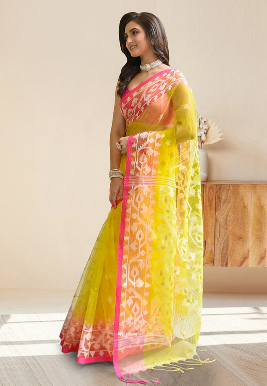 PURE HANDWOVEN MUSLIN SILK SAREE IN YELLOW COLOR WITH OFFWHITE FLORAL MOTIFS AND PINK BORDER