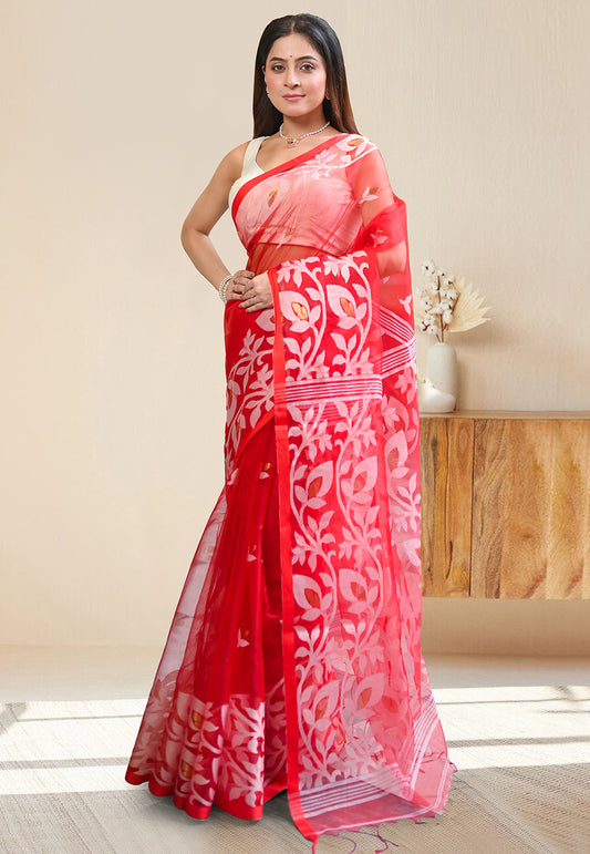 PURE HANDWOVEN MUSLIN SILK SAREE IN RED COLOR WITH OFFWHITE FLORAL MOTIFS