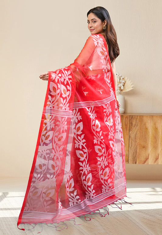 PURE HANDWOVEN MUSLIN SILK SAREE IN RED COLOR WITH OFFWHITE FLORAL MOTIFS