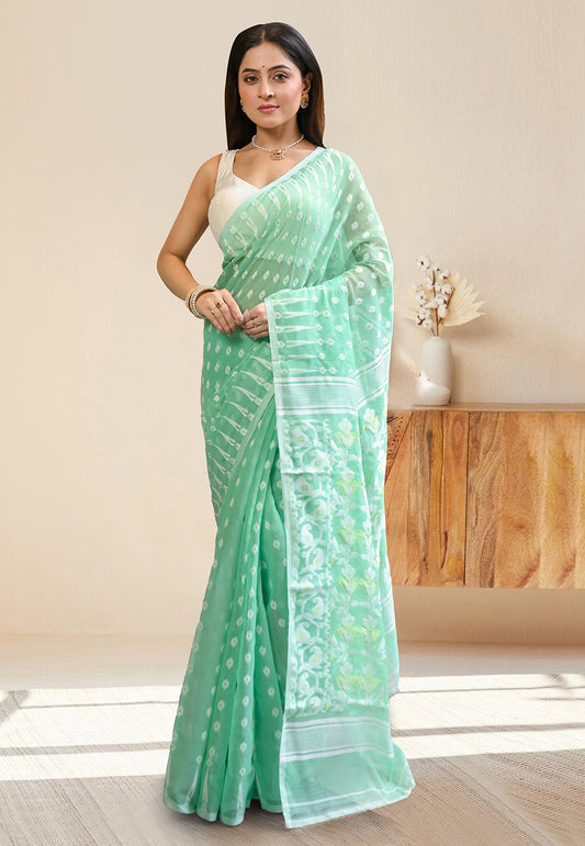 COTTON JAMDANI SAREE IN MINT GREEN COLORS WITH OFFWHITE WOVEN DESIGN