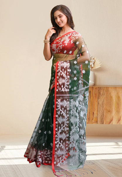 PURE HANDWOVEN MUSLIN SILK SAREE IN  FOREST GREEN COLOR WITH OFFWHITE FLORAL MOTIFS AND RED BORDER