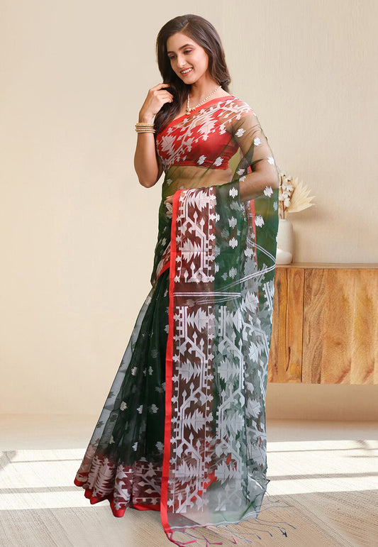 PURE HANDWOVEN MUSLIN SILK SAREE IN  FOREST GREEN COLOR WITH OFFWHITE FLORAL MOTIFS AND RED BORDER