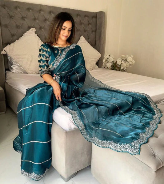 JIMMY CHOO SAREE IN BLUE COLOR WITH SEQUIN EMBROIDERY Including Ready To Wear Blouse