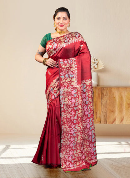 PURE BISHNUPUR KATAN SILK SAREE IN MAROON COLOR WITH MULTICOLOR HANDPAINTED DESIGN
