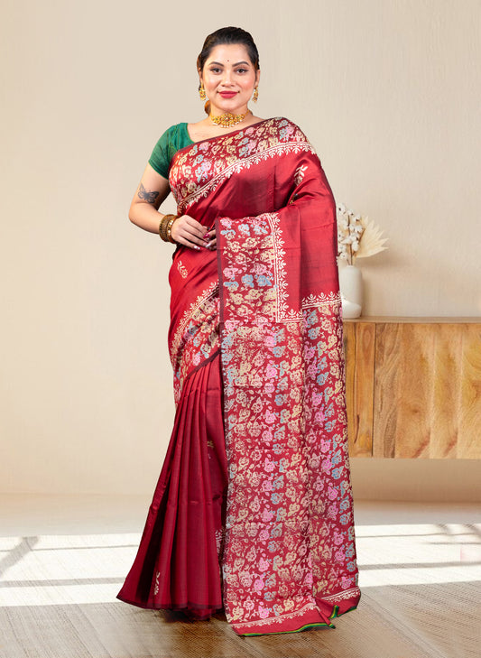PURE BISHNUPUR KATAN SILK SAREE IN MAROON COLOR WITH MULTICOLOR HANDPAINTED DESIGN