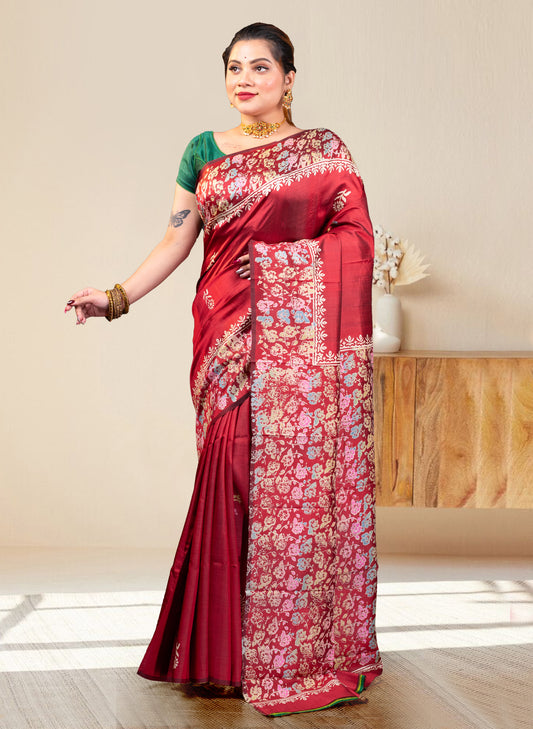 PURE BISHNUPUR KATAN SILK SAREE IN MAROON COLOR WITH MULTICOLOR HANDPAINTED DESIGN