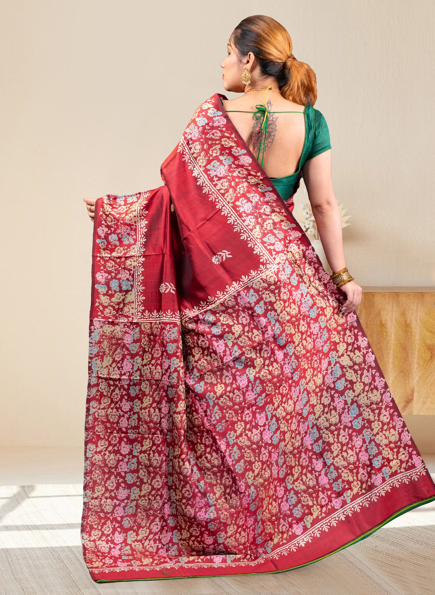 PURE BISHNUPUR KATAN SILK SAREE IN MAROON COLOR WITH MULTICOLOR HANDPAINTED DESIGN