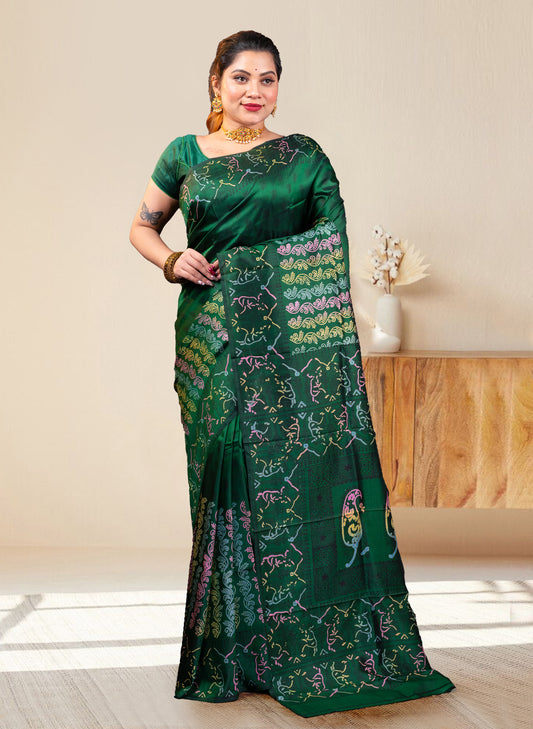 PURE BISHNUPUR KATAN SILK SAREE IN GREEN COLOR WITH MULTICOLOR HANDPAINTED DESIGN