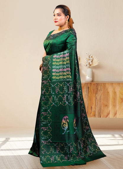 PURE BISHNUPUR KATAN SILK SAREE IN GREEN COLOR WITH MULTICOLOR HANDPAINTED DESIGN