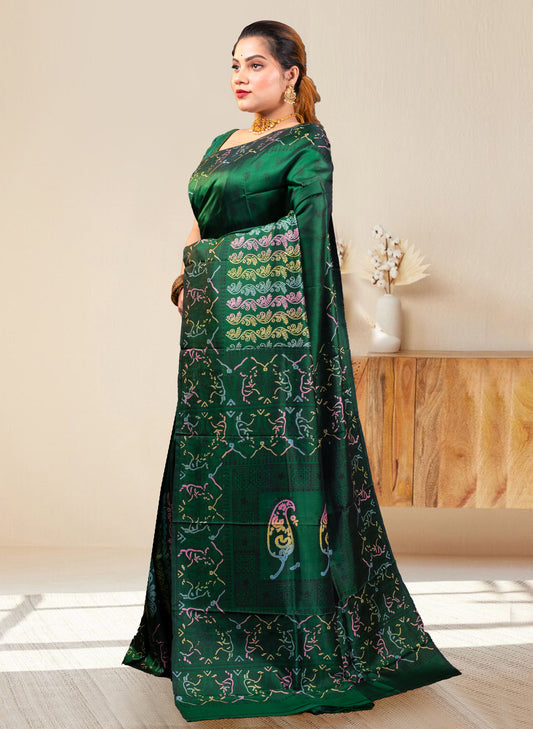 PURE BISHNUPUR KATAN SILK SAREE IN GREEN COLOR WITH MULTICOLOR HANDPAINTED DESIGN