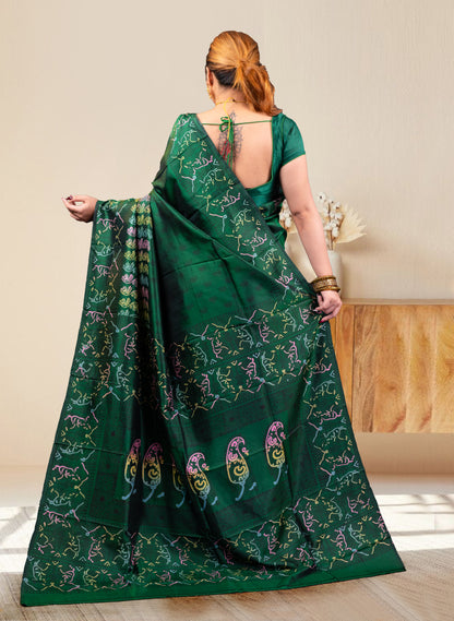 PURE BISHNUPUR KATAN SILK SAREE IN GREEN COLOR WITH MULTICOLOR HANDPAINTED DESIGN