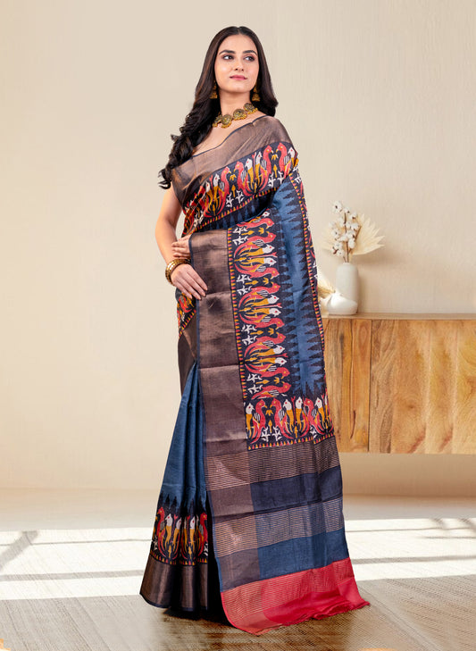 PURE HANDWOVEN TUSSAR SILK SAREE IN SLATE GREY COLOR WITH MULTICOLOR HANDPAINTED MOTIFS