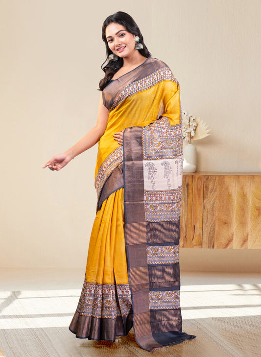 PURE HANDWOVEN TUSSAR SILK SAREE IN YELLOW COLOR WITH MULTICOLOR HANDPAINTED MOTIFS