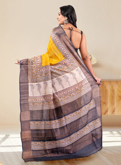 PURE HANDWOVEN TUSSAR SILK SAREE IN YELLOW COLOR WITH MULTICOLOR HANDPAINTED MOTIFS