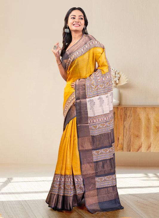 PURE HANDWOVEN TUSSAR SILK SAREE IN YELLOW COLOR WITH MULTICOLOR HANDPAINTED MOTIFS