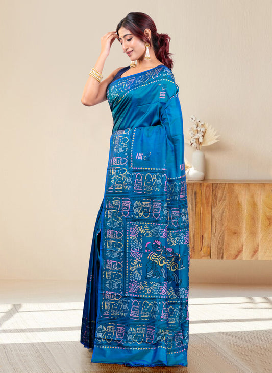 PURE BISHNUPUR KATAN SILK SAREE IN DUAL TONED TEAL BLUE COLOR  WITH MULTICOLOR HANDPAINTED DESIGN