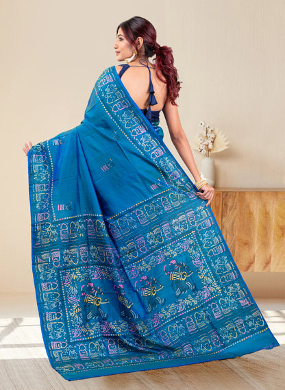 PURE BISHNUPUR KATAN SILK SAREE IN DUAL TONED TEAL BLUE COLOR  WITH MULTICOLOR HANDPAINTED DESIGN