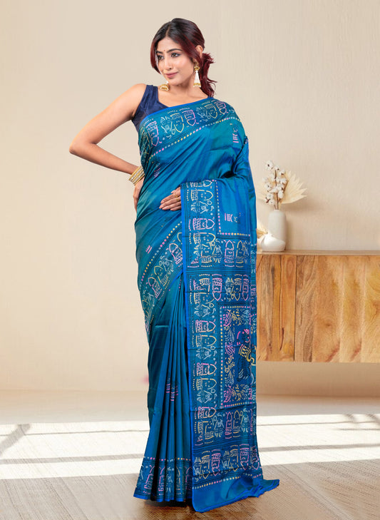 PURE BISHNUPUR KATAN SILK SAREE IN DUAL TONED TEAL BLUE COLOR  WITH MULTICOLOR HANDPAINTED DESIGN