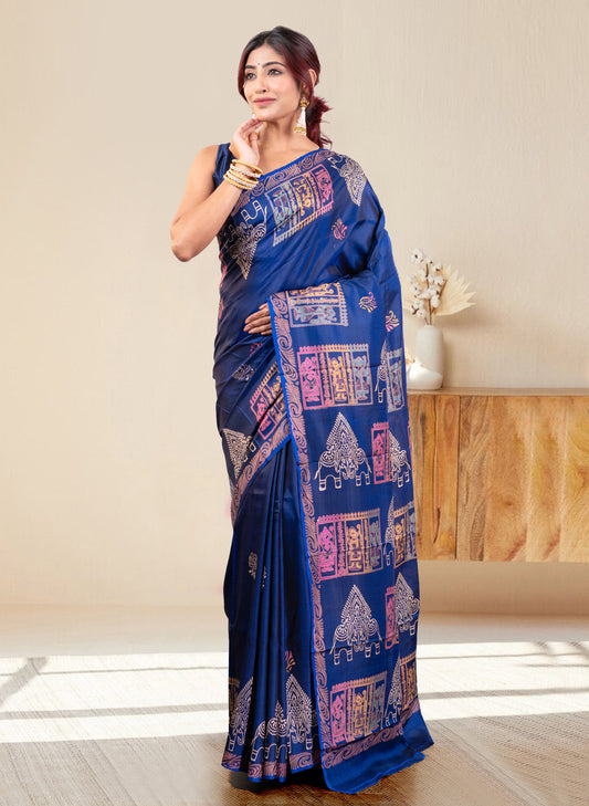 PURE BISHNUPUR KATAN SILK SAREE IN INK BLUE COLOR WITH MULTICOLOR HANDPAINTED DESIGN